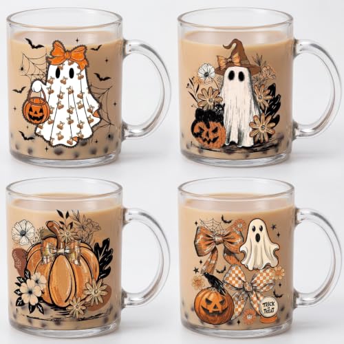 Halloween Ghost & Pumpkin Coffee Mug Set - 4 Pieces, 12 oz, Glass Cups, Fall Decor