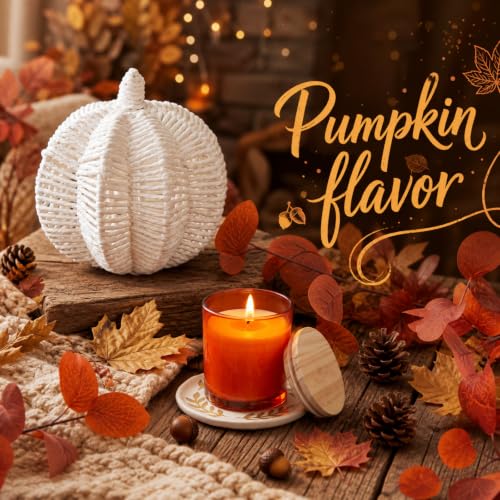 Fall Table Centerpiece Set with Pumpkin Scented Candle & Decorative Wicker Pumpkin