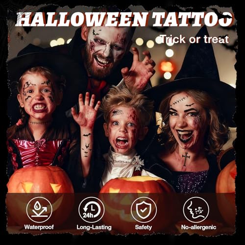 Zombie Face Tattoos Halloween Fake Scar & Wound Makeup Kit - 12 Sheets - Variation: Zombie Makeup