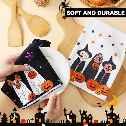 Halloween Dog Kitchen Towels Set of 4 - Fall Ghost Pumpkin Design, Microfiber, 14x21 Inches