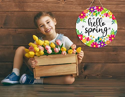 Hello Spring Door Sign - 11.8" Watercolor Flower Welcome Spring Sign - Circle Variation