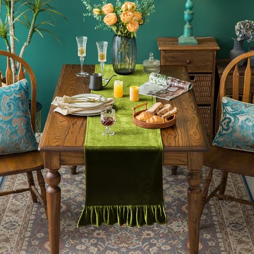 Olive Green Velvet Table Runner 14x72 Inches Luxurious Retro Ruffle Decor