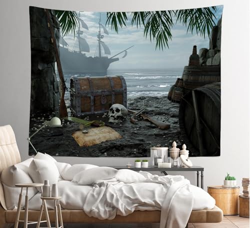 Pirate Ship Tapestry Wall Hanging for Nautical Decor 92x70 Inches - Caribbean Treasure Island Scene - Kids Bedroom & Home Decor - Variation T1-A16619