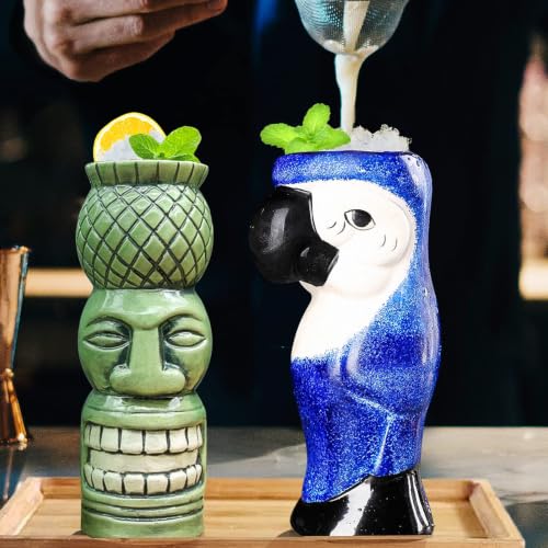 SuproBarware Tiki Mugs Set of 4 - Large Ceramic Hawaiian Party Drinkware