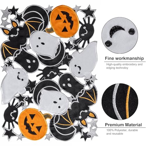 Rectangular Halloween Spooky Placemats Set of 4 - Embroidered Pumpkins & Bats, 13x19 Inch, Gothic Table Decorations for Parties