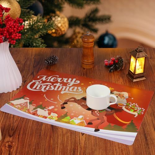 Christmas Placemat Set Waterproof Table Mats - Red Santa Reindeer Snowflakes, 17.3x11.8 Inches, 6 Pack