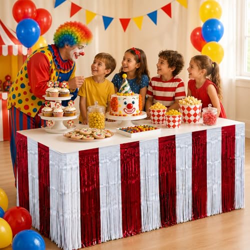 Carnival Circus Theme Table Skirts 2 Pack - Red and White Party Decorations