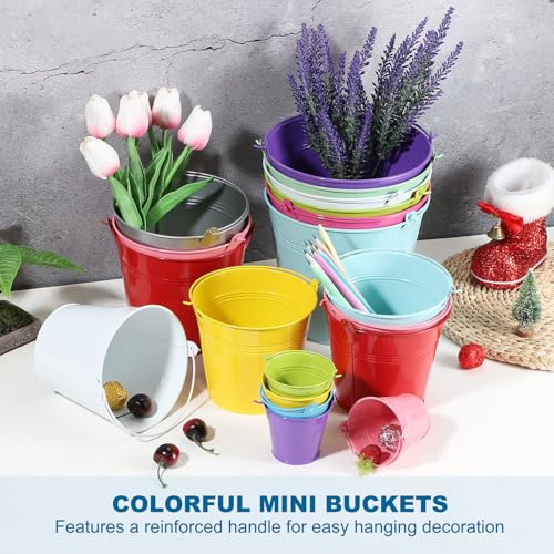 Mini Metal Buckets Set - 12 Colorful Galvanized Containers with Handles, 5.1x4.7 Inches, Silver