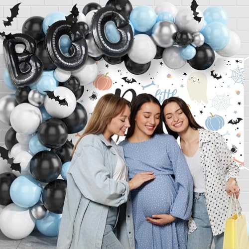 Halloween Baby Shower Decorations Balloon Set with Photo Backdrop - Blue & Black