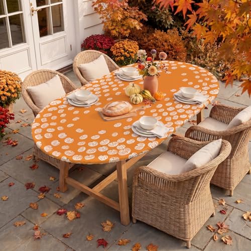 Fall Fitted Tablecloth for 64x44 Inch Oval - Orange Pumpkin Design