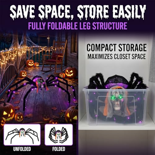 52-Inch Floor-Standing Halloween Giant Skull Face Spider with Flashing Red & Green LED Eyes
