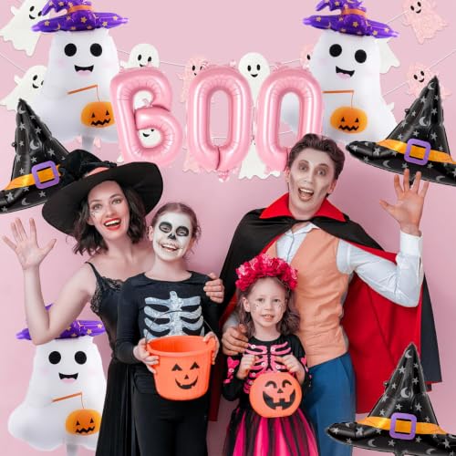 Halloween Balloon Set with Ghost & Witch Hat Foil Balloons - Pink Party Decorations