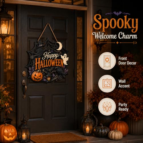 Wooden Halloween Wreath for Front Door Indoor Outdoor Decor - Pumpkin Ghost Witch Design