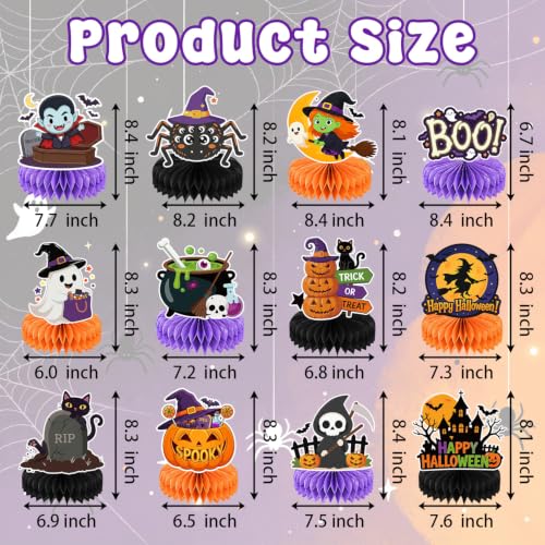 Halloween Honeycomb Centerpieces Set - 12pcs Halloween Party Decor - Ghost, Pumpkin, Witch, Vampire & Black Cat - Reusable & Waterproof - Halloween