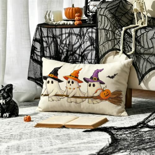 Halloween Ghost Pillow Cover Waterproof 12x20 Inch - White Bat Decor