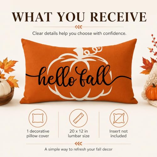 Hello Fall Pumpkin Rectangle Lumbar Throw Pillow Cover - 12x20 Orange