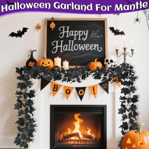 Black Halloween Garland with Orange Purple Lights 3 Pack - Timer Function