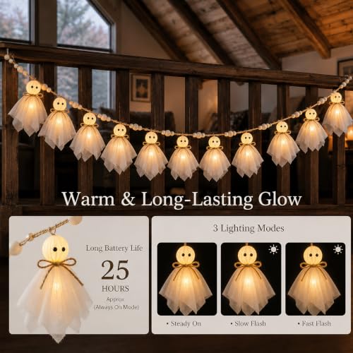 Halloween Ghost Garland with LED Lights - 10 Cute Spooky Party Banner, Indoor Decor