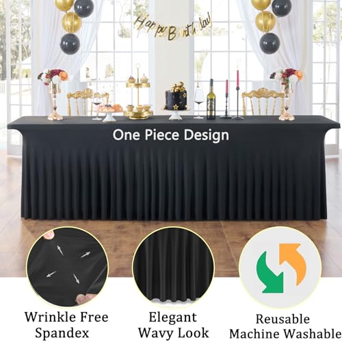 Black 8ft Spandex Tablecloths for Rectangle Tables, Wrinkle-Free Fitted Covers - 8 Pack