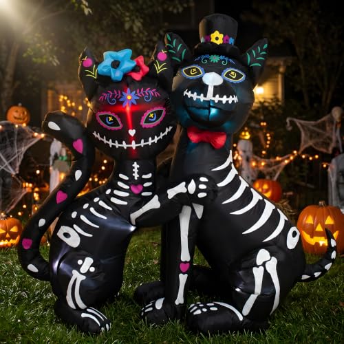 4ft Halloween & Day of the Dead Inflatable with Cat & Dog - Skeleton & Sugar Skull Duo, LED Lights, Weather-Resistant Decoration