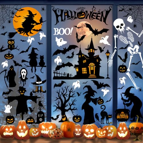 Halloween Window Clings - Reusable Indoor Decor with Ghost, Skeleton & Bats, 8 Sheets