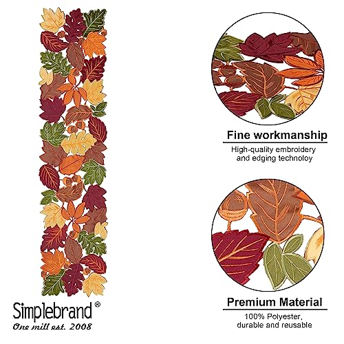 Fall Harvest Table Runner 54 Inch with Embroidered Maple Leaves - Coffee, 13" W