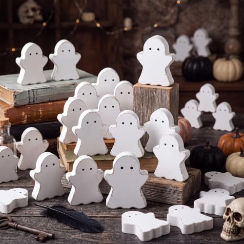 Halloween Ghost Wood Decor Set - Mini Ghost Bowl Fillers, 18 Pieces, Variation of Ghost