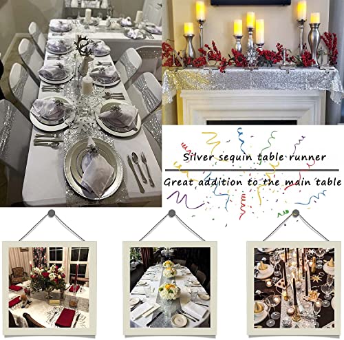 12x108 Inch Silver Sequin Table Runner Set of 2 - High-Density Sparkly Glitter Decor