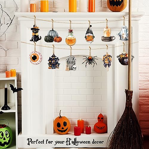 Wood Halloween Tree Ornaments Set - 36 Spooky Holiday Hanging Decorations