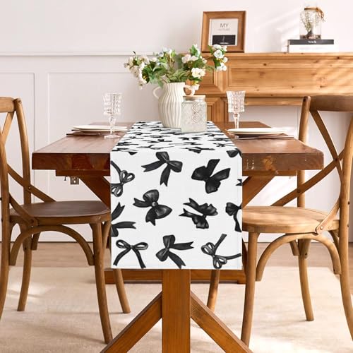 Black Bow Party Table Runner for Birthday Halloween Coquette Decor 13x72in