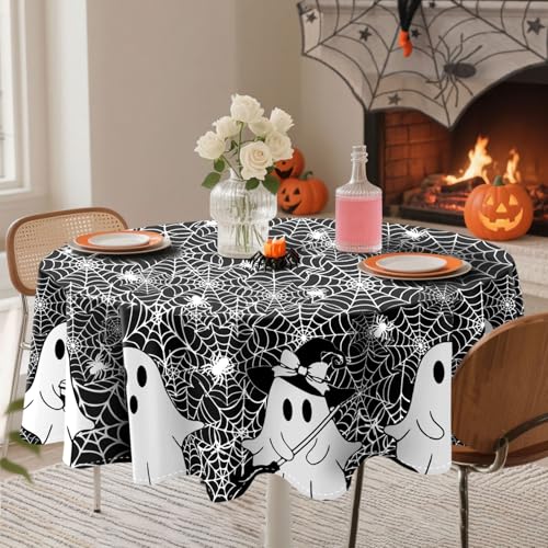 Black 70-Inch Halloween Round Tablecloth Spooky Ghost Spider Web Washable