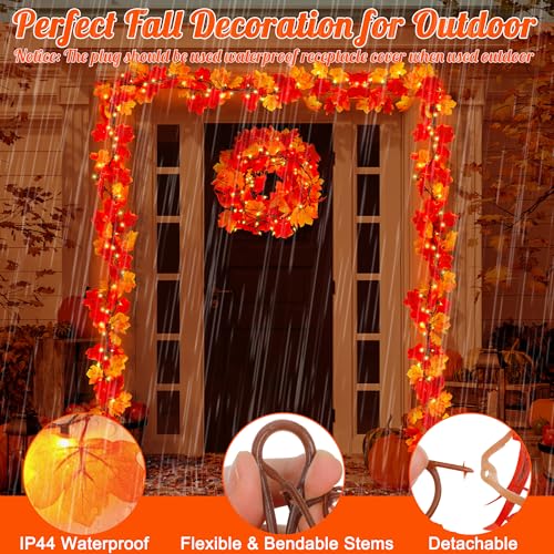 2-Pack 18FT Plug-In Fall Garland with Lights for Thanksgiving & Halloween Decor - Orange Leaves