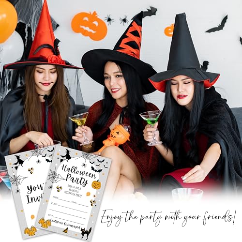 Halloween Party Invitations with Envelopes - Spider Web Pumpkin Black Cat - Black & White, Fill-In Style, Pack of 20
