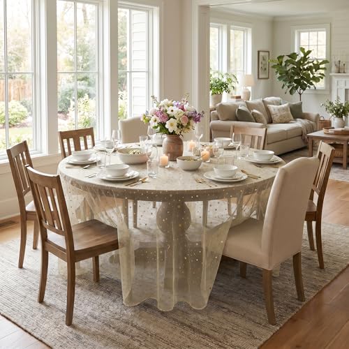Horaldaily 60-Inch Round Beige Gold Gauze Star Moon Tablecloth - Durable Polyester