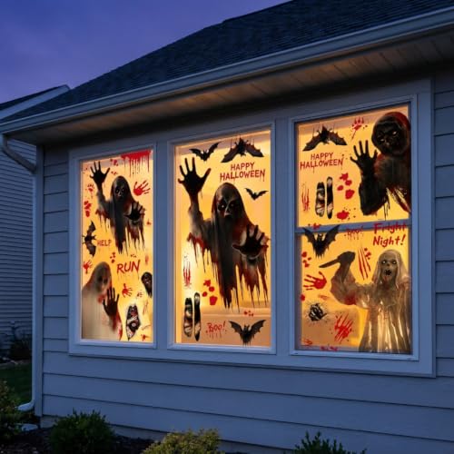 Halloween Window Clings Ghost Bat Witch Decorations - Reusable Static Vinyl Stickers - 8 Piece Set with Variations 1