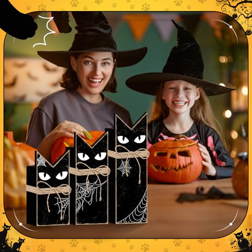 Halloween Black Cat Wooden Tiered Tray Decor Set - 3 Pack, Rustic Spooky Home Accent