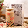 Fall Pumpkin Glass Cup - Halloween Thanksgiving Autumn Gift Set with Straw & Brush - Pumpkin Variation