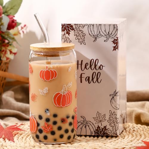 Fall Pumpkin Glass Cup - Halloween Thanksgiving Autumn Gift Set with Straw & Brush - Pumpkin Variation