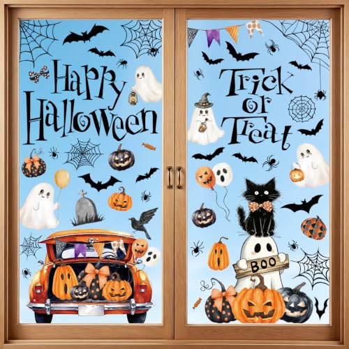 Halloween Window Clings Set - Reusable Spooky Ghost Pumpkins Black Cat Decorations