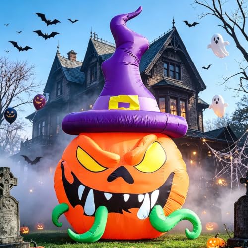12FT Halloween Inflatable Pumpkins with Witch's Hat & Vines - Outdoor Yard Decor