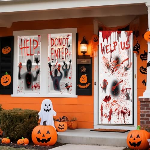 Halloween Decorations Stickers Set with Door Cover and Window Decals - Bloody Horror Theme