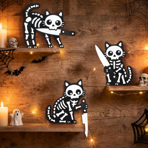 Halloween Black Cat Wall Decor 3 Pcs Wooden Door Toppers - White Variation