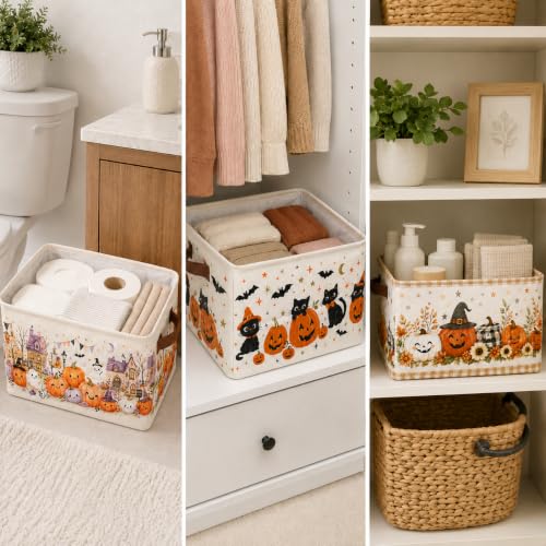 Beige Halloween Foldable Canvas Storage Baskets with Handles - Set of 3