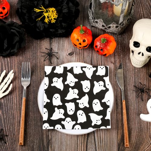 Halloween Ghost Paper Napkins - Black & White, 100 Pack, 6.5 Inch