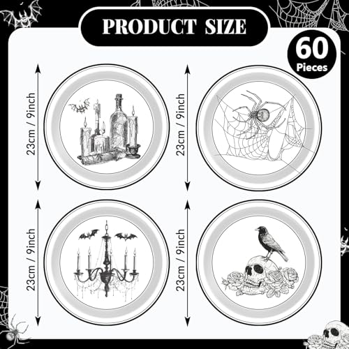 60pcs Halloween Gothic Paper Disposable Plates 9 Inch Spooky Party Tableware