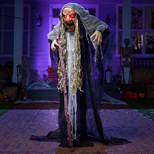 Gray Halloween Animatronic Hunchback Witch with Lights & Creepy Sounds - Outdoor & Indoor Decor