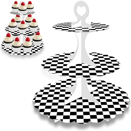 Black White Race Car Cupcake Stand 2-Pack - 3-Tier Dessert Tower for Car Birthday