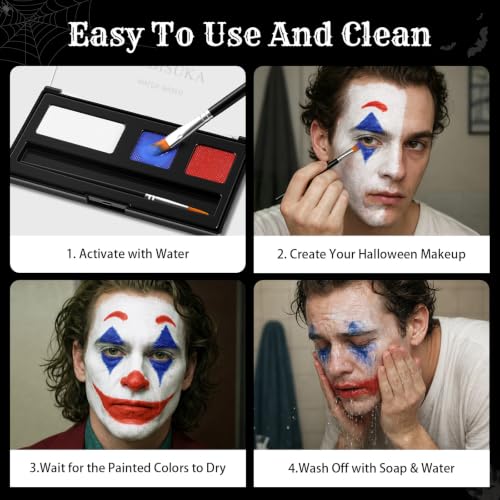 Water Activated Clown Face Body Paint Set - Black White Red with Dual Brushes - Variation 01