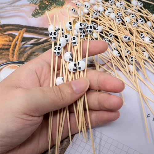 Skull Head Bamboo Cocktail Picks 100PCS Food Skewers for Fruit, Appetizers & Drinks