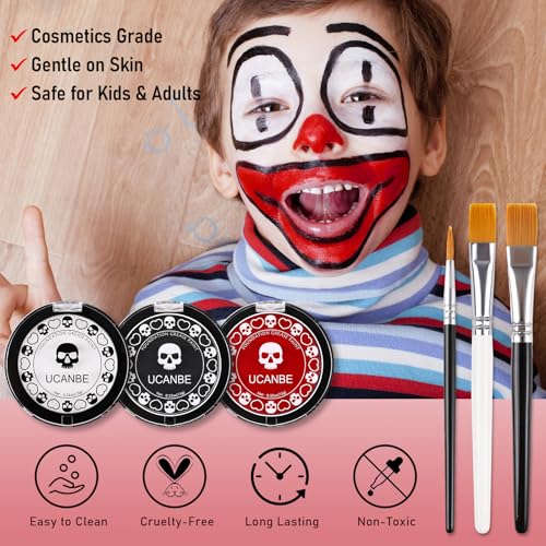 Face & Body Paint Kit with Brushes - White Black Red for Halloween Cosplay SFX Makeup - Variation: Black+White+Red